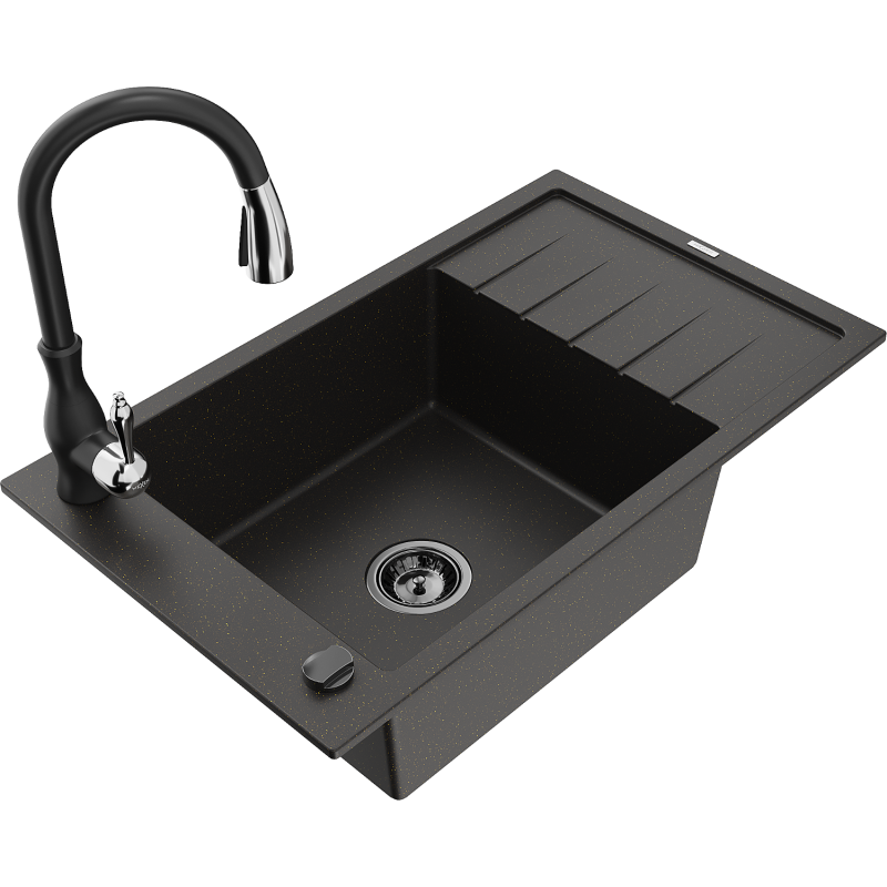 Mexen Elias fregadero de granito de 1 cubeta con escurridor y grifo de cocina Savita, negro/oro metálico - 6511-75-672601-70-B