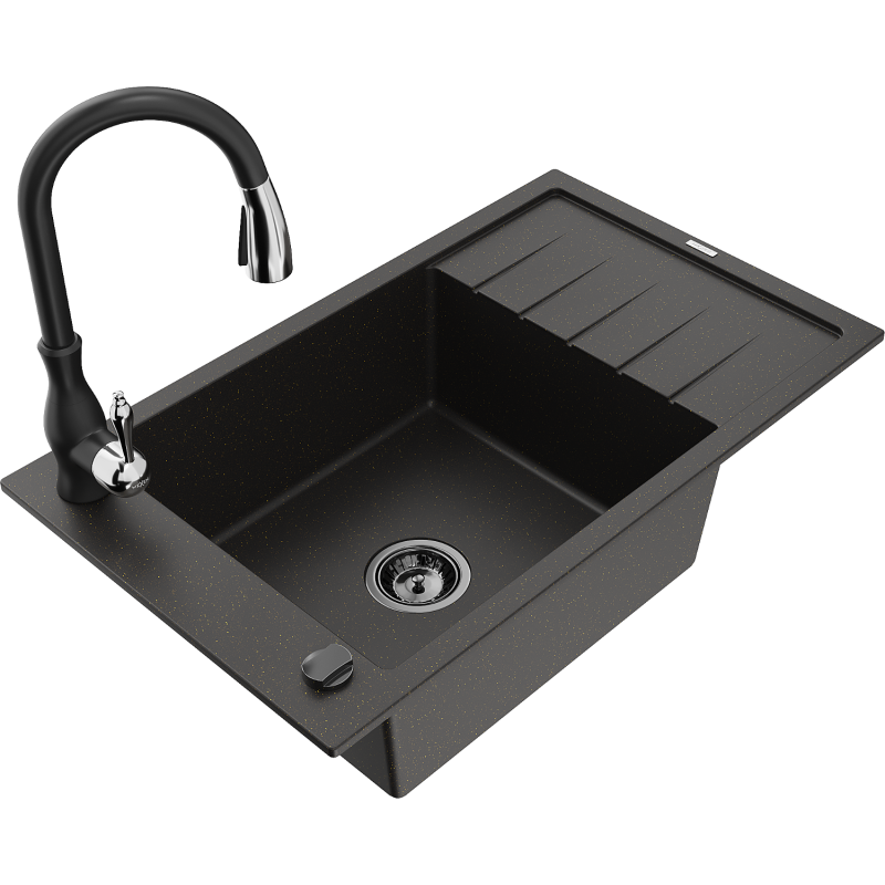 Mexen Elias granite sink 1-bowl with drainer and Savita kitchen tap, black/gold metallic - 6511-75-672601-70-B