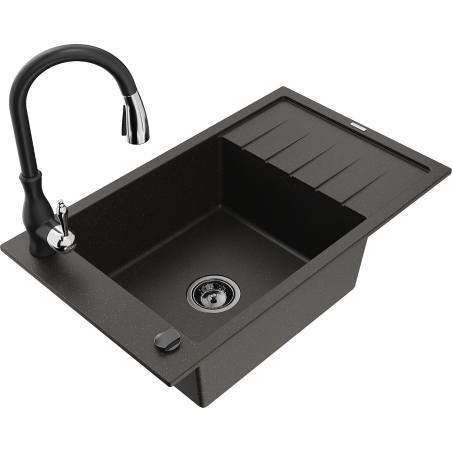 Mexen Elias fregadero de granito de 1 cubeta con escurridor y grifo de cocina Savita, negro/oro metálico - 6511-75-672601-70-B