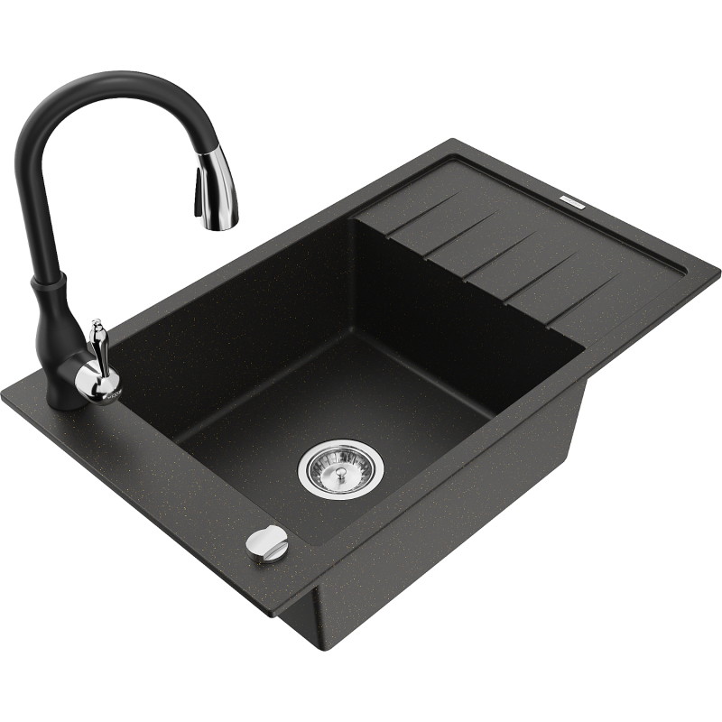 Mexen Elias fregadero de cocina de granito de 1 cubeta con escurridor y grifo Savita, negro/dorado metálico - 6511-75-672601-70