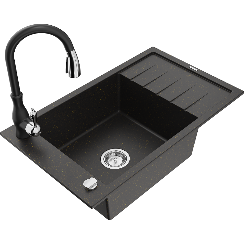 Mexen Elias lavello in granito 1 vasca con scolapiatti e rubinetto da cucina Savita, nero/oro metallizzato - 6511-75-672601-70