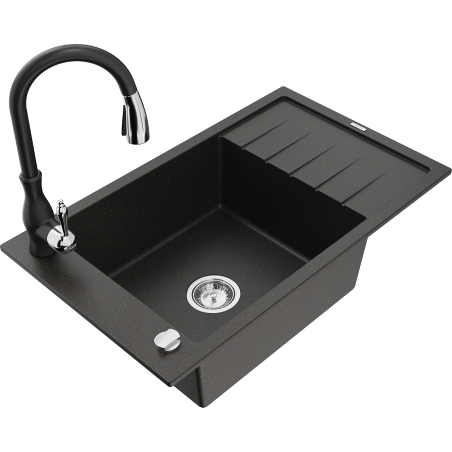 Mexen Elias granieten spoelbak met 1 bak met druiprek en keukenmengkraan Savita, zwart/goud metallic - 6511-75-672601-70