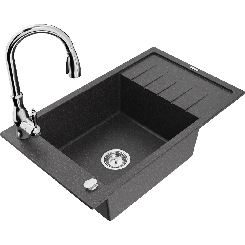 Mexen Elias granitdiskho med 1 ho, avrinningsyta och köksblandare Savita, svart med stänk - 6511-76-672601-00