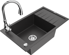 Mexen Elias 1-bowl granite sink with drainer and Savita kitchen faucet, black speckled - 6511-76-672601-00