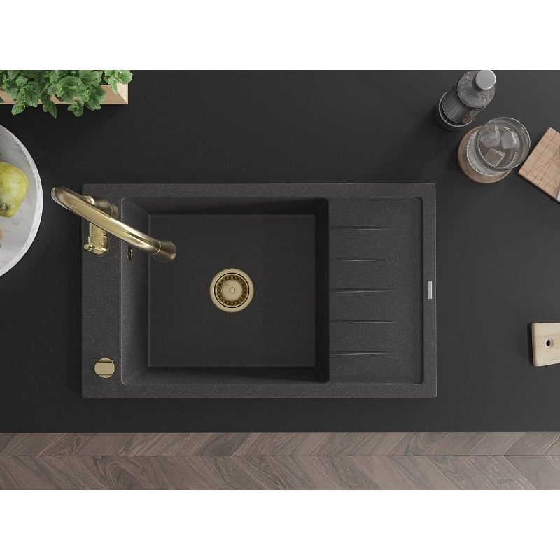 Mexen Elias granitdiskbänk 1-fack med avrinning och köksblandare Savita, svart spräcklig - 6511-76-672601-50