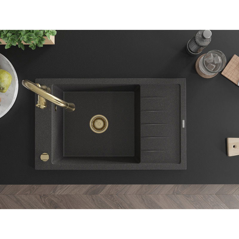 Mexen Elias granite sink 1-bowl with drainer and Savita kitchen tap, speckled black - 6511-76-672601-50