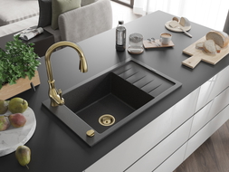 Mexen Elias granite kitchen sink single-bowl with drainer and Savita faucet, speckled black - 6511-76-672601-50