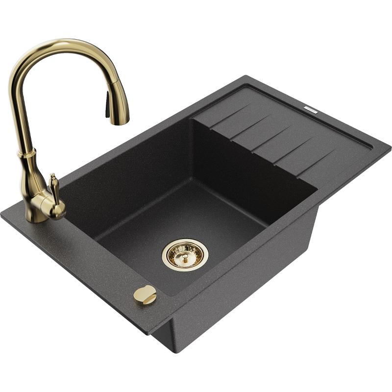 Mexen Elias fregadero de granito de 1 seno con escurridor y grifería de cocina Savita, negro moteado - 6511-76-672601-50