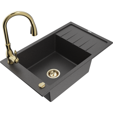 Mexen Elias granite sink 1-bowl with drainer and Savita kitchen tap, speckled black - 6511-76-672601-50