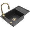Mexen Elias granite kitchen sink single-bowl with drainer and Savita faucet, speckled black - 6511-76-672601-50