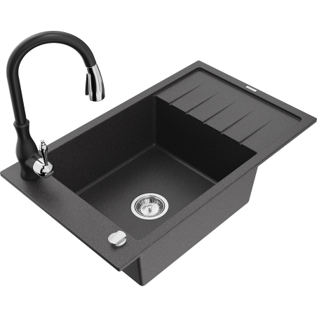 Mexen Elias granite kitchen sink 1-bowl with drainer and Savita faucet, black speckled - 6511-76-672601-70