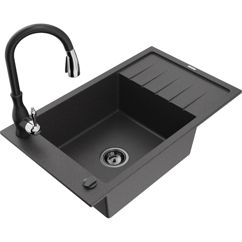 Mexen Elias granite sink 1-bowl with drainer and Savita kitchen tap, black speckled - 6511-76-672601-70-B