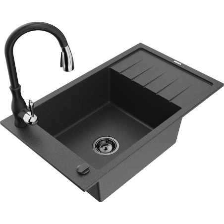 Mexen Elias fregadero de granito de 1 seno con escurridor y grifo de cocina Savita, negro jaspeado - 6511-76-672601-70-B