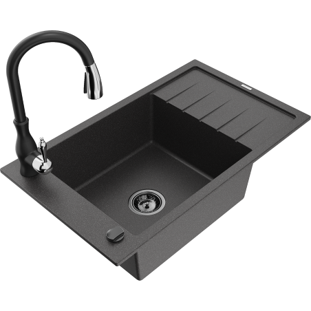 Mexen Elias granite sink 1-bowl with drainer and Savita kitchen tap, black speckled - 6511-76-672601-70-B