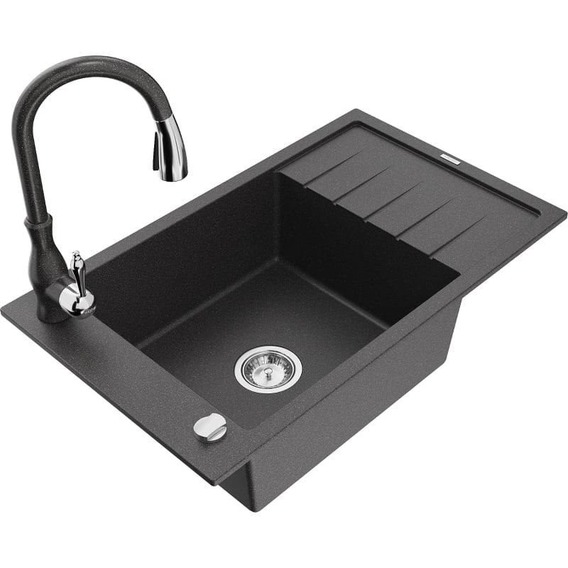 Mexen Elias 1-bowl granite sink with drainer and Savita kitchen faucet, speckled black - 6511-76-672601-76