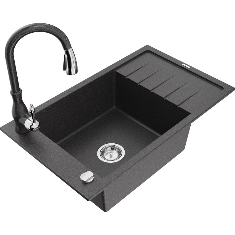 Mexen Elias 1-Bowl Granite Sink with Drainer and Savita Kitchen Tap, Black Speckled - 6511-76-672601-76
