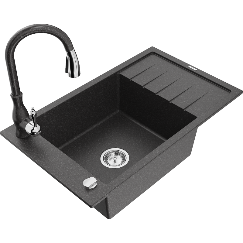 Mexen Elias fregadero de granito de 1 cubeta con escurridor y grifo de cocina Savita, negro moteado - 6511-76-672601-76