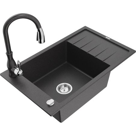 Mexen Elias 1-bowl granite sink with drainer and Savita kitchen faucet, speckled black - 6511-76-672601-76