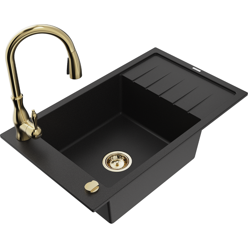 Mexen Elias 1-bowl granite sink with drainer and Savita kitchen tap, black - 6511-77-672601-50