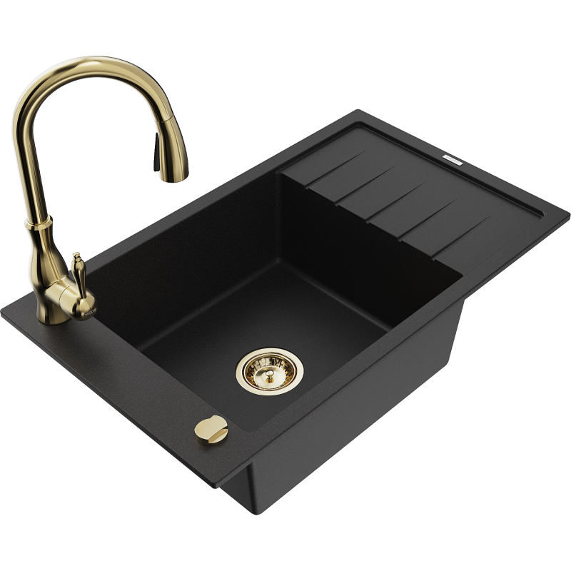 Mexen Elias fregadero de granito de 1 seno con escurridor y grifo de cocina Savita, negro - 6511-77-672601-50