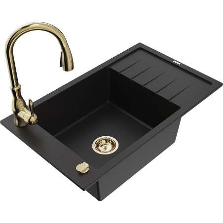 Mexen Elias 1-bowl granite sink with drainer and Savita kitchen tap, black - 6511-77-672601-50
