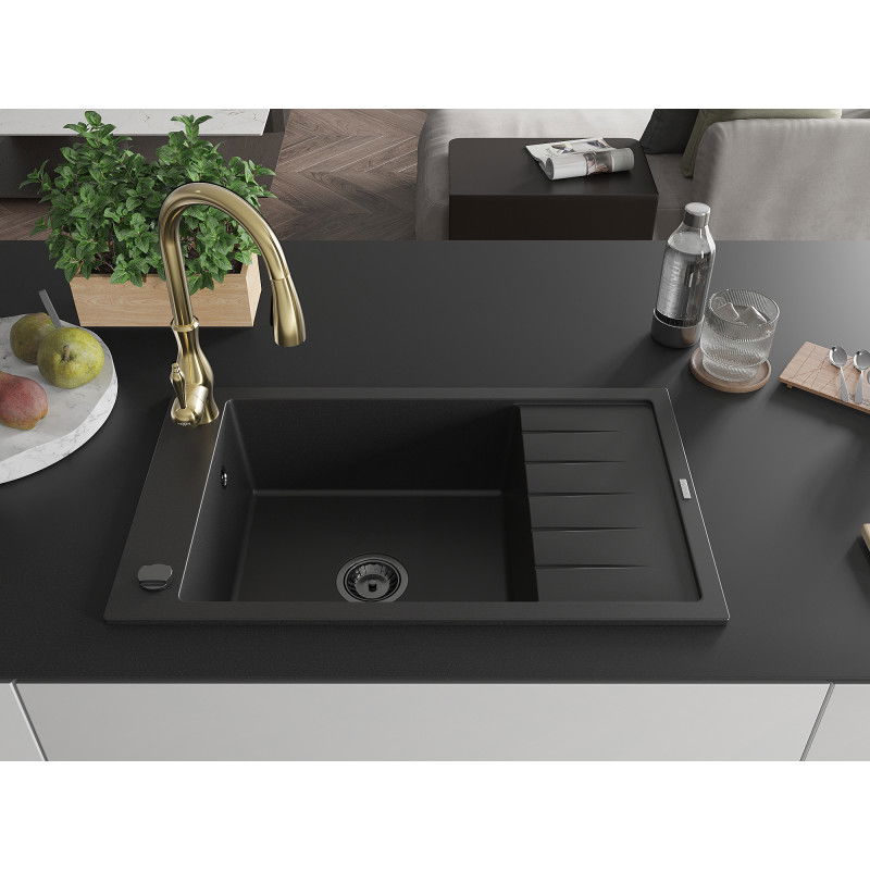 Mexen Elias granite sink 1-bowl with drainer and Savita kitchen tap, black - 6511-77-672601-50-B