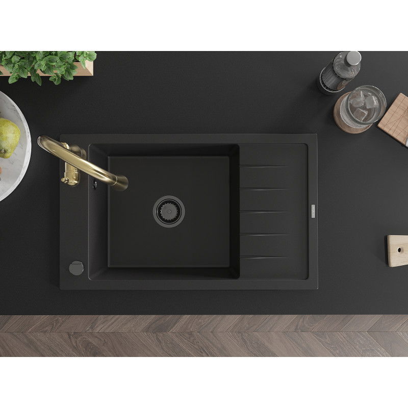 Mexen Elias granitspüle 1-beckig mit Abtropffläche und Küchenarmatur Savita, schwarz - 6511-77-672601-50-B