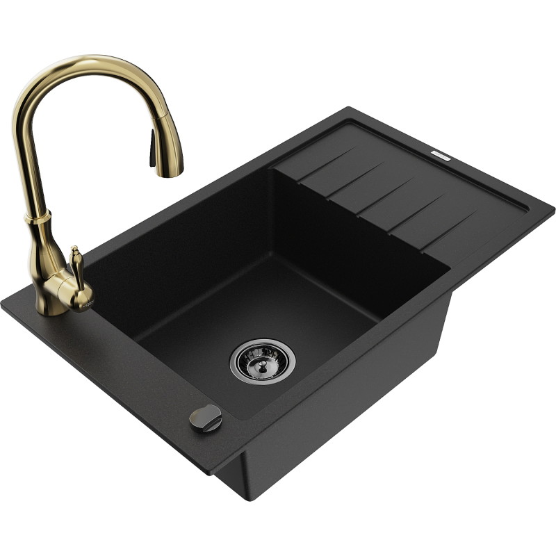 Mexen Elias fregadero de granito de 1 seno con escurridor y grifo de cocina Savita, negro - 6511-77-672601-50-B