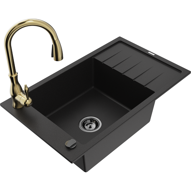 Mexen Elias granite sink 1-bowl with drainer and Savita kitchen tap, black - 6511-77-672601-50-B