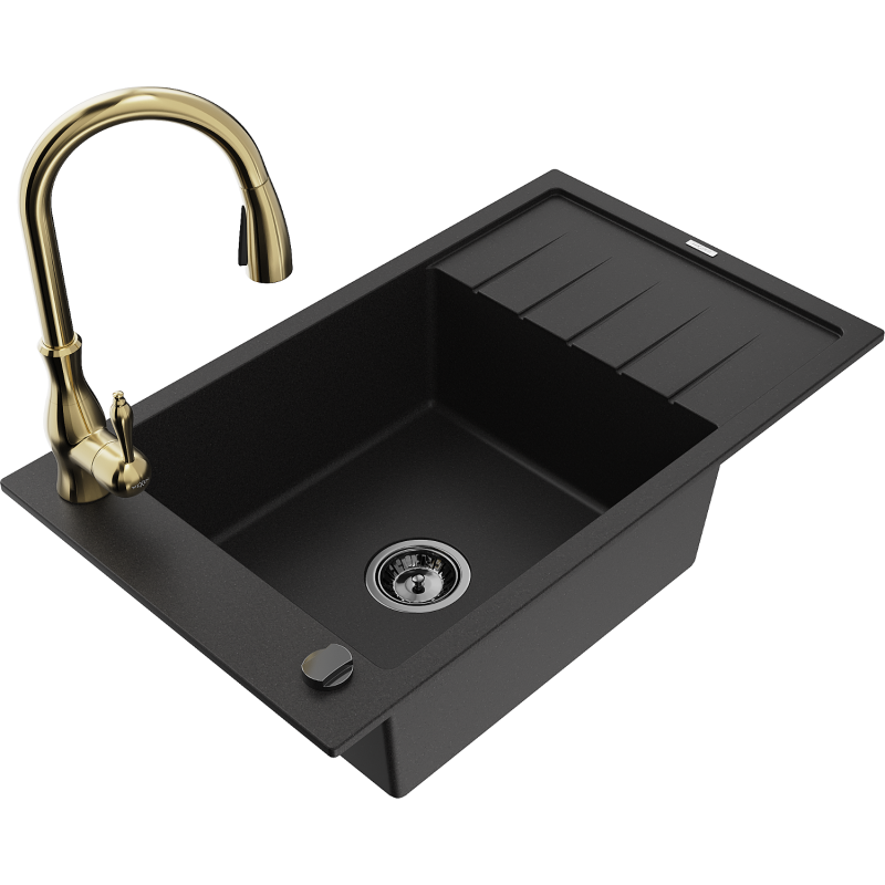 Mexen Elias lava-louça de granito de 1 bacia com escorredor e torneira de cozinha Savita, preto - 6511-77-672601-50-B