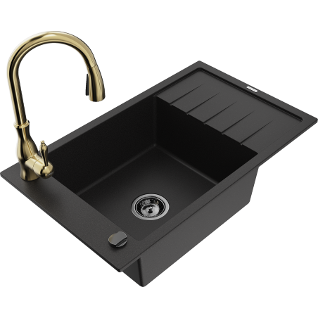 Mexen Elias évier en granit 1 bac avec égouttoir et robinet de cuisine Savita, noir - 6511-77-672601-50-B