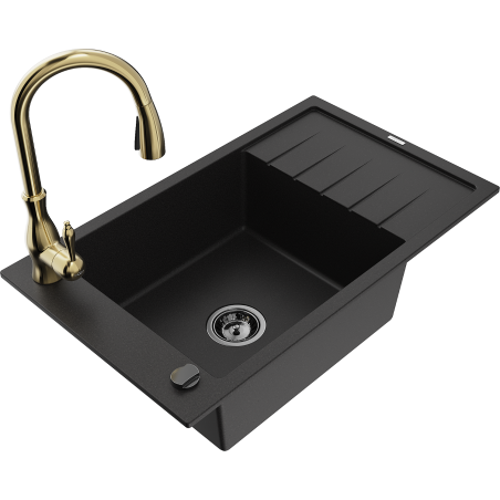 Mexen Elias granite sink 1-bowl with drainer and Savita kitchen tap, black - 6511-77-672601-50-B