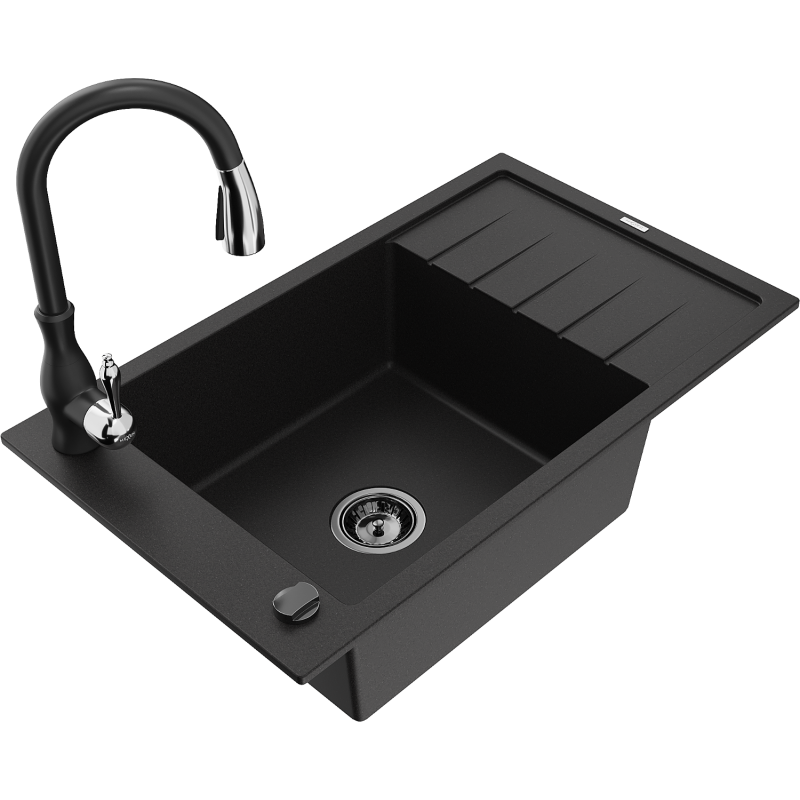 Mexen Elias fregadero de granito de 1 seno con escurridor y grifo de cocina Savita, negro - 6511-77-672601-70-B