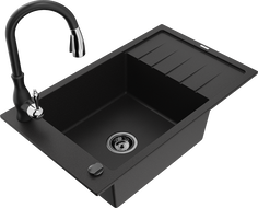 Mexen Elias single-bowl granite sink with drainer and Savita kitchen tap, black - 6511-77-672601-70-B