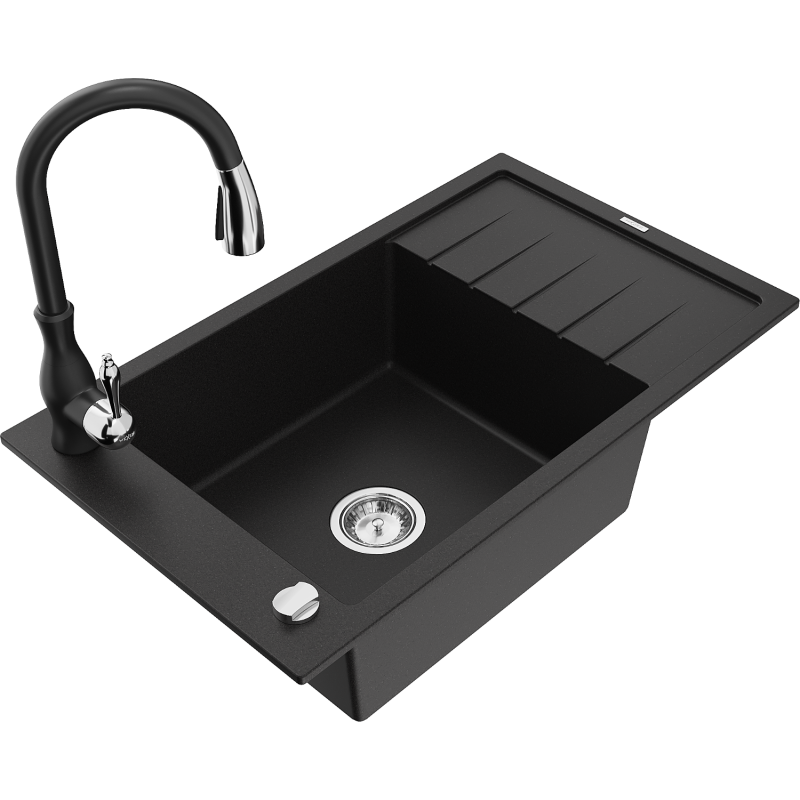 Mexen Elias granitdiskho med en skål, avrinningsyta och köksblandare Savita, svart - 6511-77-672601-70