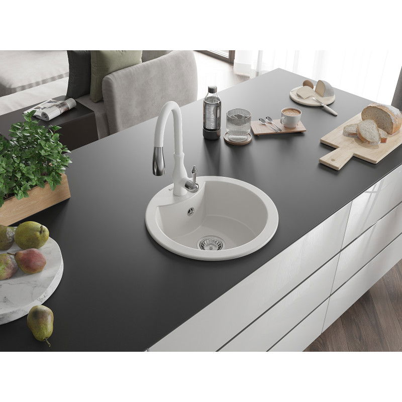Mexen Diego single-bowl granite sink with Savita kitchen tap, white - 6512-20-672601-20