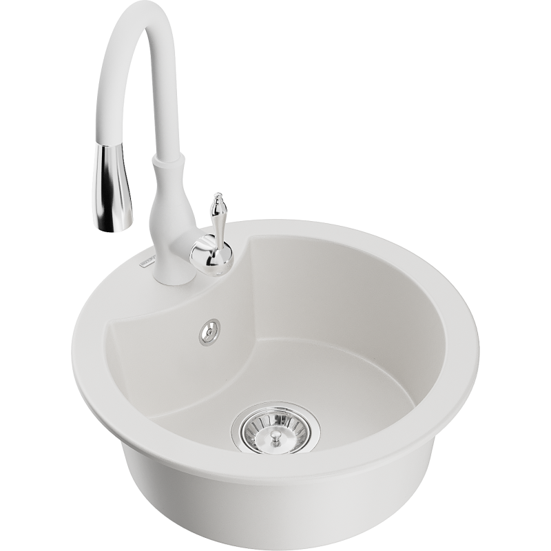 Mexen Diego fregadero de granito de 1 cubeta con grifo de cocina Savita, blanco - 6512-20-672601-20