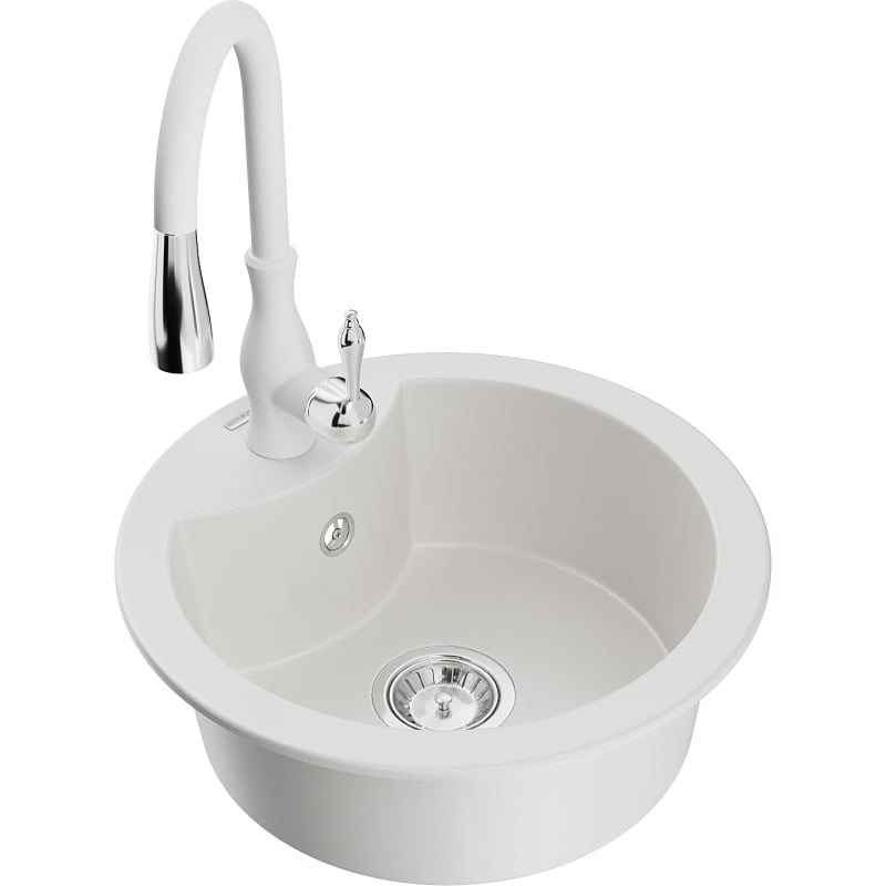 Mexen Diego granite kitchen sink 1-bowl with Savita kitchen faucet, white - 6512-20-672601-20