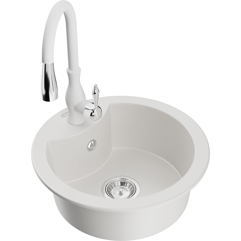 Mexen Diego single-bowl granite sink with Savita kitchen tap, white - 6512-20-672601-20