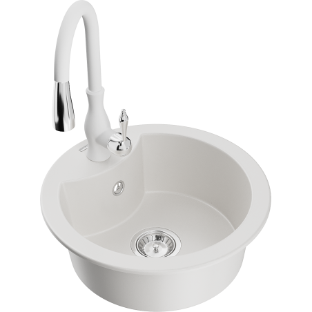 Mexen Diego granite kitchen sink 1-bowl with Savita kitchen faucet, white - 6512-20-672601-20