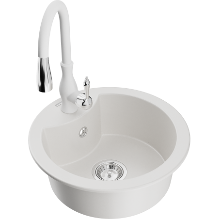 Mexen Diego single-bowl granite sink with Savita kitchen tap, white - 6512-20-672601-20