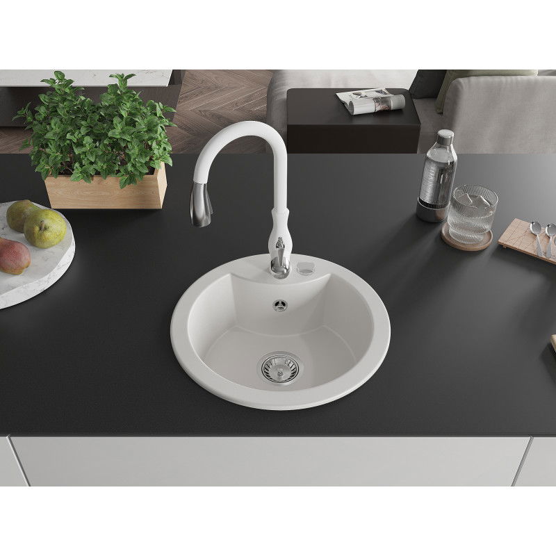 Mexen Diego single-bowl granite sink with Savita kitchen tap, white - 6512-20-672601-20