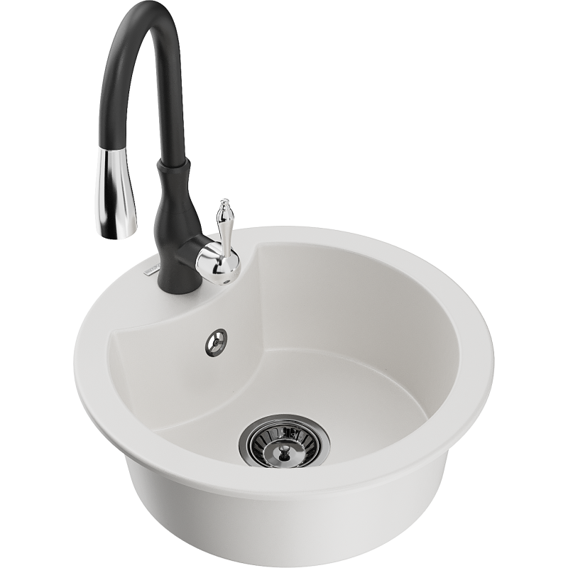 Mexen Diego granite sink 1-bowl with Savita kitchen tap, white - 6512-20-672601-70