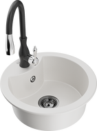 Mexen Diego granite sink 1-bowl with Savita kitchen tap, white - 6512-20-672601-70