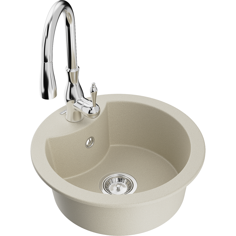 Mexen Diego évier en granit 1 bac avec robinet de cuisine Savita, beige - 6512-69-672601-00