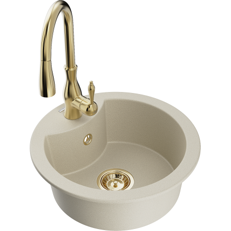 Mexen Diego granite sink 1-bowl with Savita kitchen tap, beige - 6512-69-672601-50