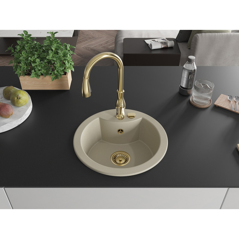 Mexen Diego granitische spoelbak met 1 kom en Savita keukenkraan, beige - 6512-69-672601-50