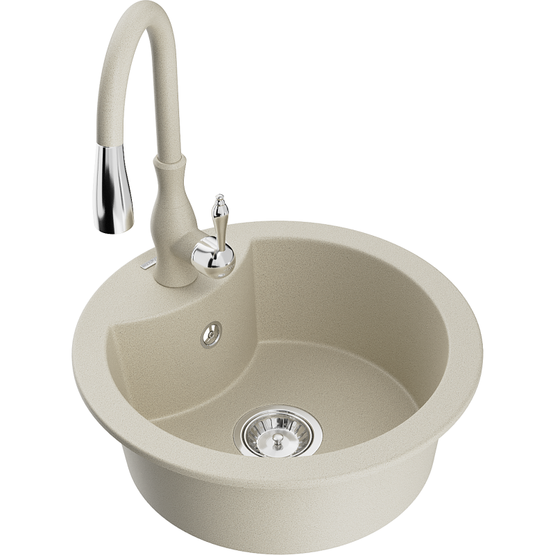 Mexen Diego granite sink with 1 compartment and Savita kitchen tap, beige - 6512-69-672601-69