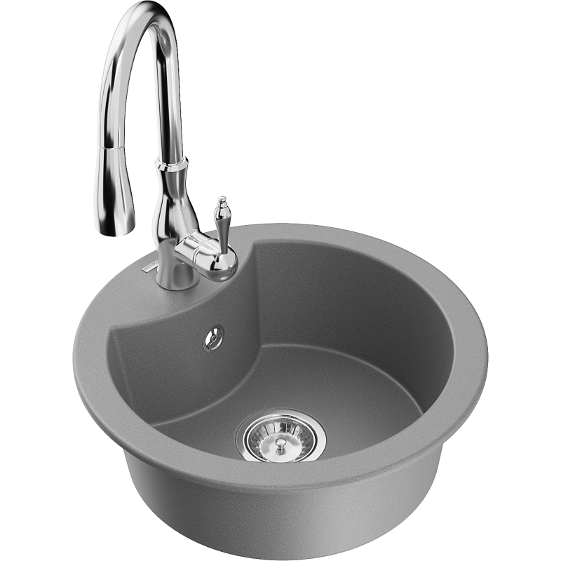 Mexen Diego lava-loiça de granito de 1 cuba com torneira de cozinha Savita, cinza - 6512-71-672601-00