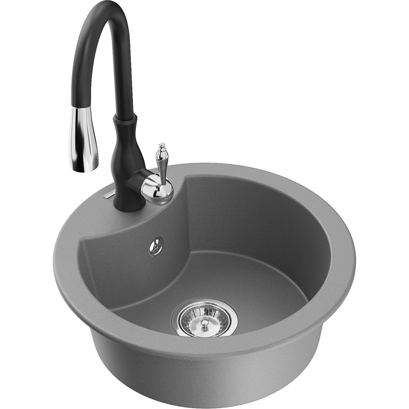 Mexen Diego lava-louça de granito de 1 cuba com torneira de cozinha Savita, cinza - 6512-71-672601-70